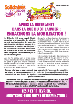 Tract : APRÈS LA DÉFERLANTE DANS LA RUE DU 31 JANVIER : ENRACINONS LA MOBILISATION !